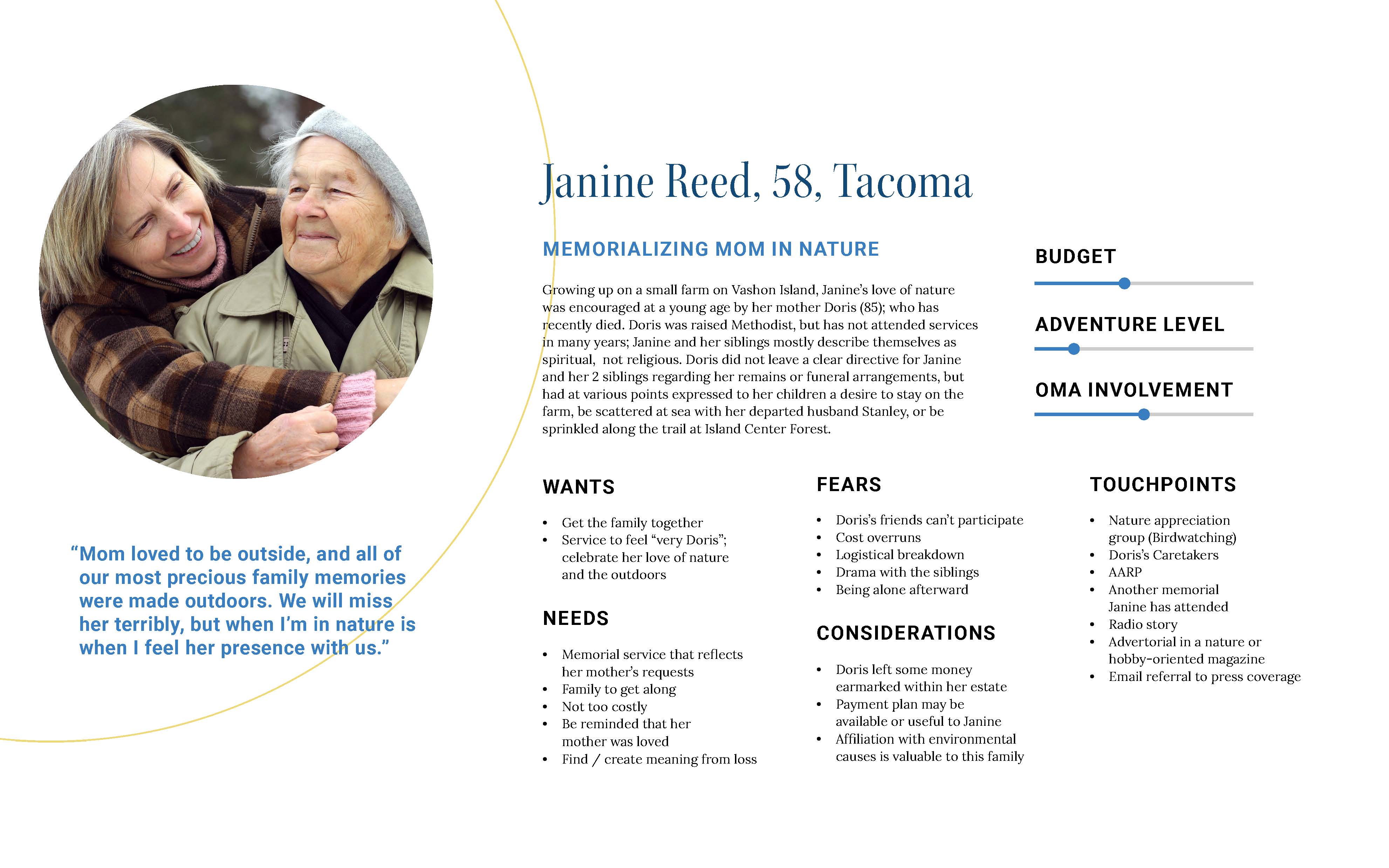 Persona profile for Janine Reed; seeking to celebrate her mother's life in nature.