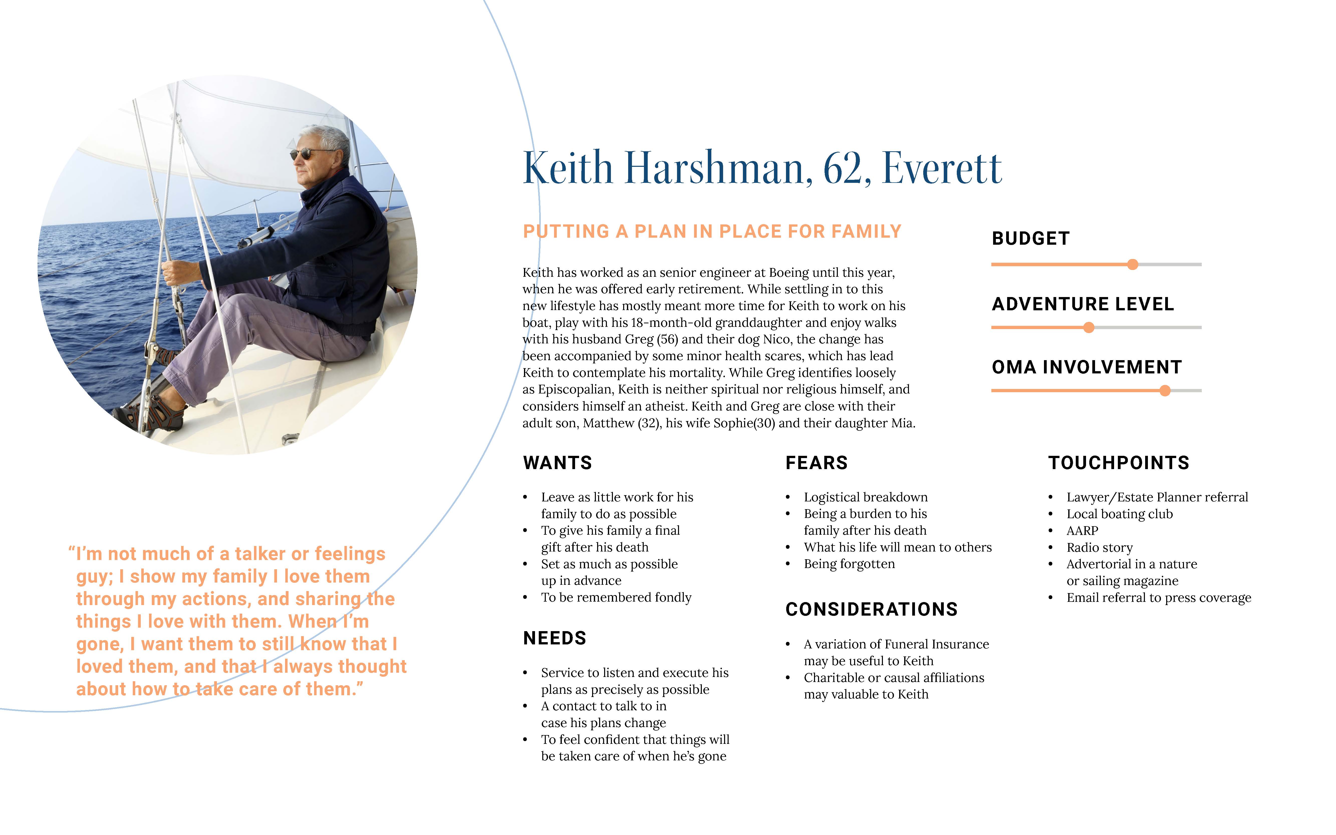 Persona for Keith Harshman; seeking to put a plan in place for his own memorial in order to spare his family suffering.