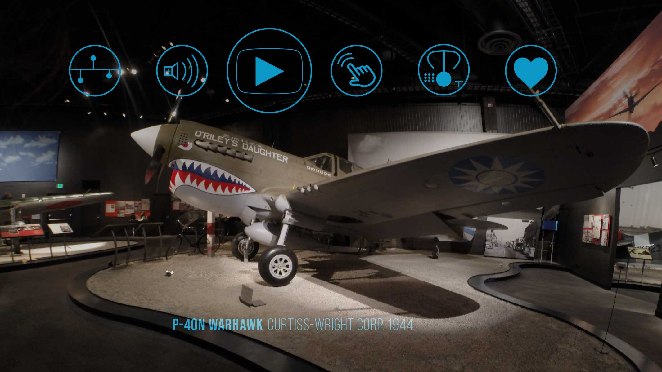 a mock-up image of the active/open state of the FARTHER AR exhibit interface overlayed on an exhibit at the Museum of Flight