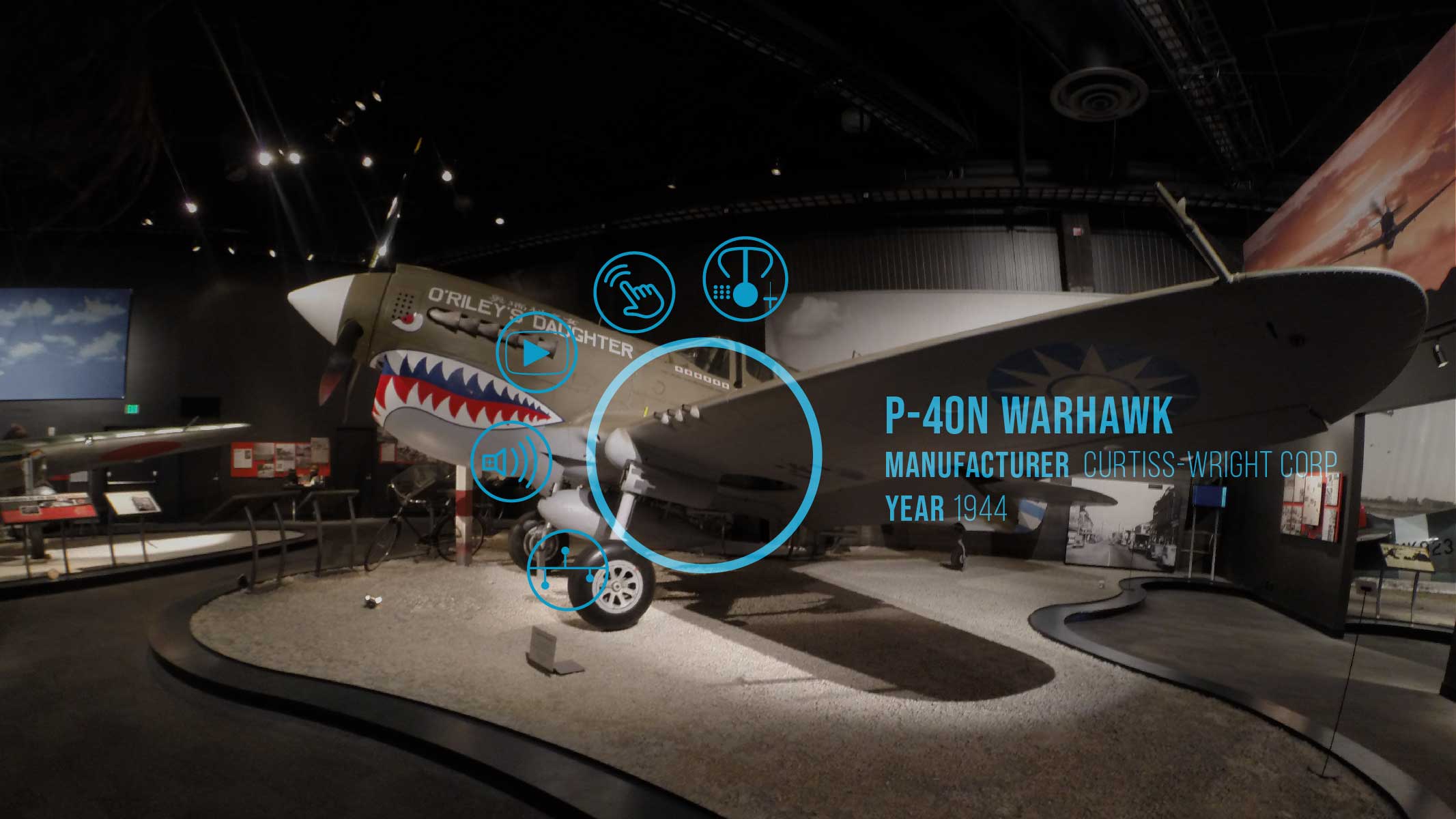 a mock-up image of the hover state of the FARTHER AR exhibit interface overlayed on an exhibit at the Museum of Flight