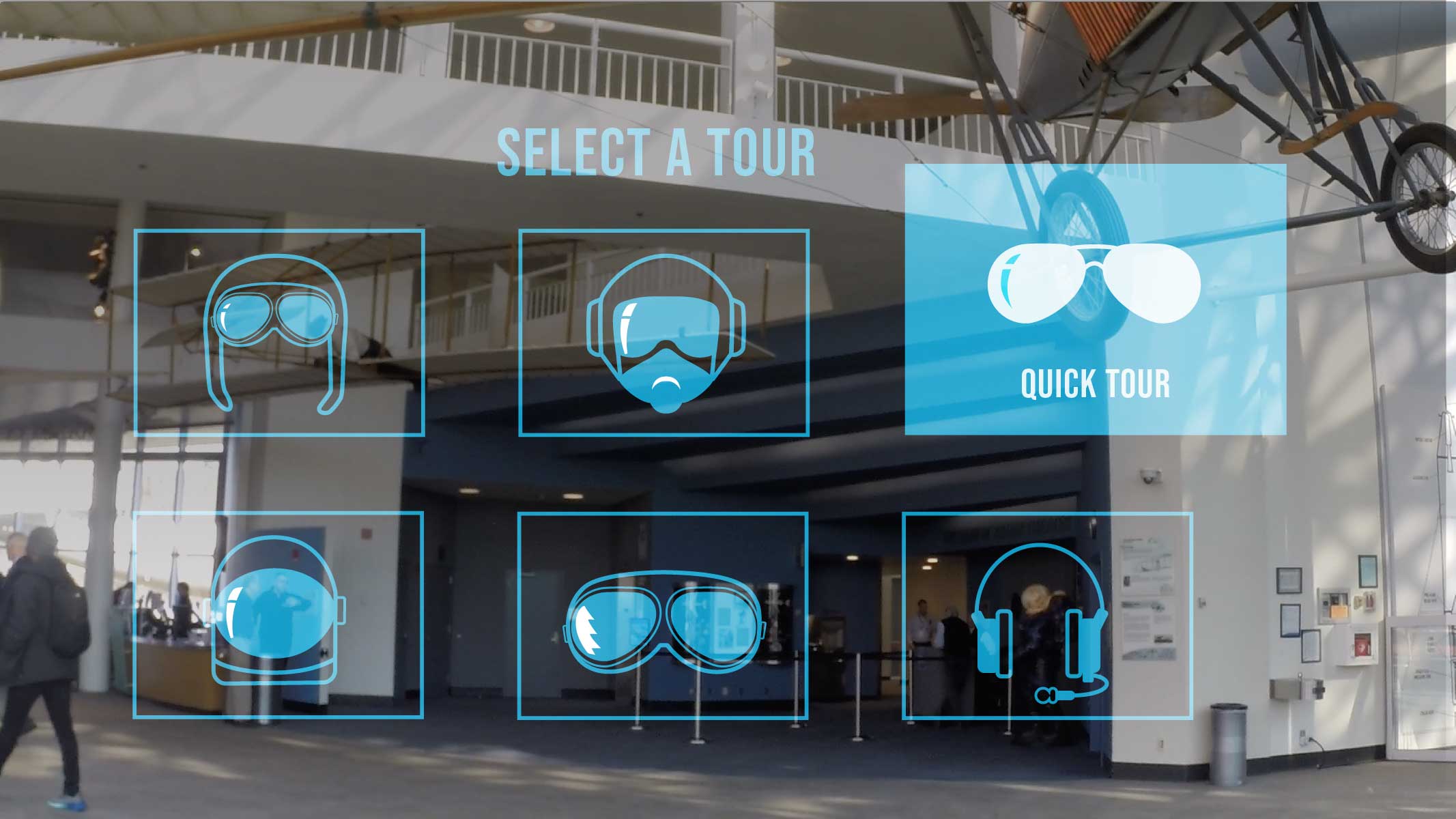 a mockup of the FARTHER interface inviting the user to choose from one of six tours. the Quick Tour option is highlighted.