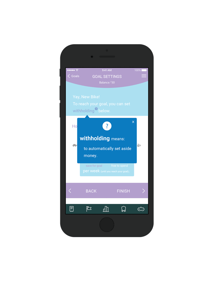 Image of the Marshmallow Child app UI, with a tool-tip open explaining the financial concept of 'witholding'