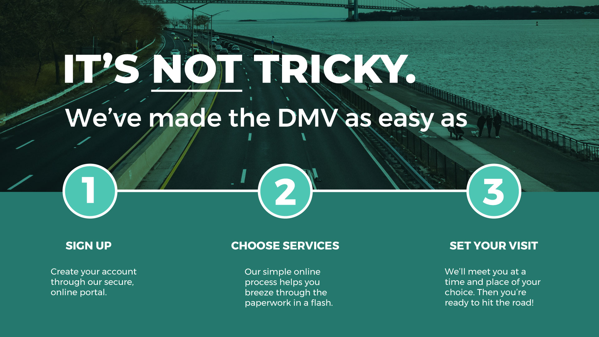 image of an open road with text describing the RUN DMV Service model - It's not Tricky, we've made the DMV as easy as 1-2-3