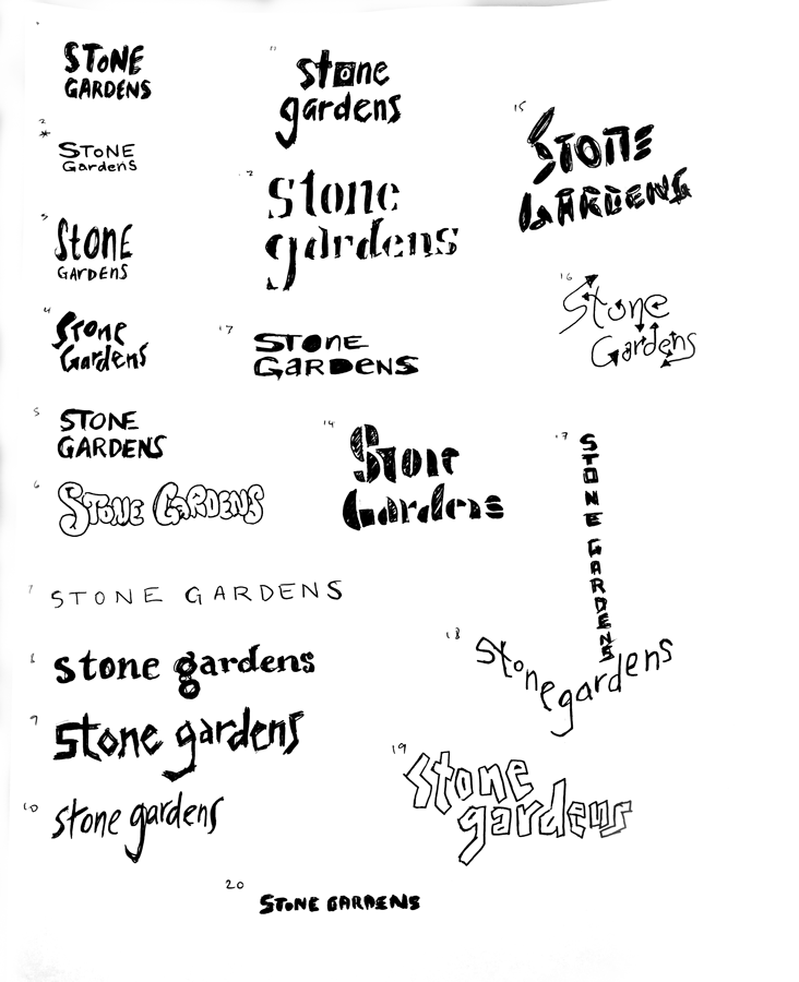 An image of handrawn sketches for a Stone Gardens Wordmark