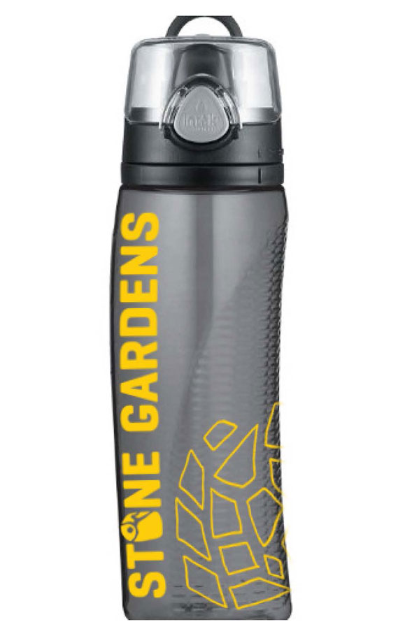 An image of a Stone Gardens branded water bottle, featuring the vertical 'Big Wall' mark.